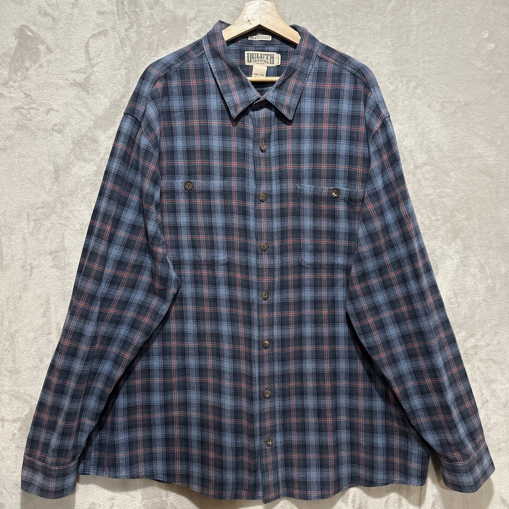Duluth Trading Co Shirt Men's 2XLT Blue Plaid Flannel Button Up Long Sleeve